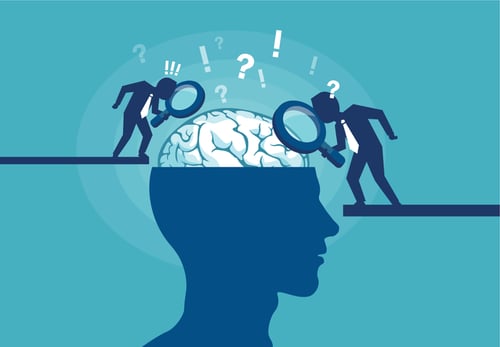 Cartoon image of man with exposed brain and question marks on top